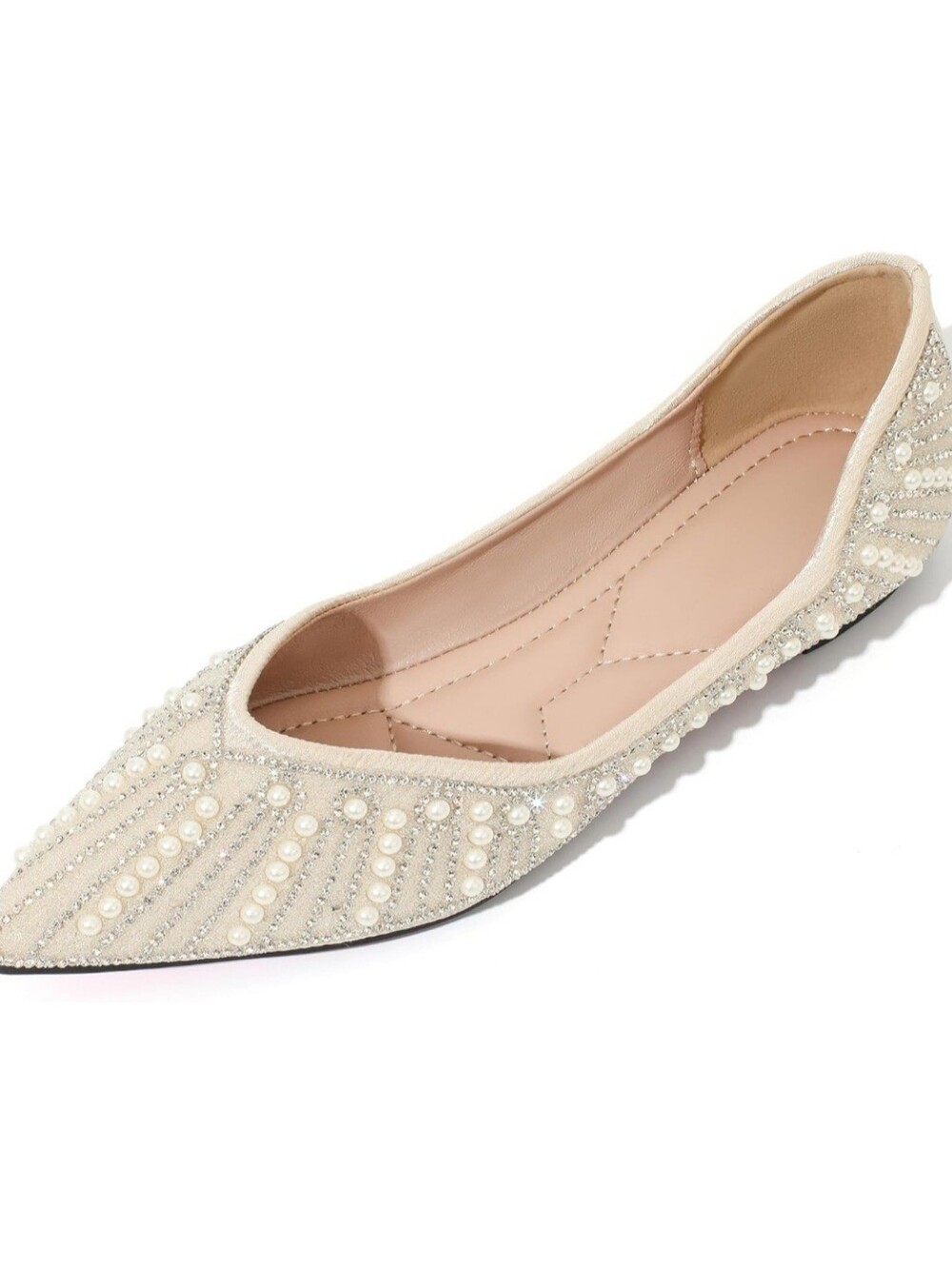 Embellished Rhinestone Pearl Pointed Toe Women’s Flats- Cream